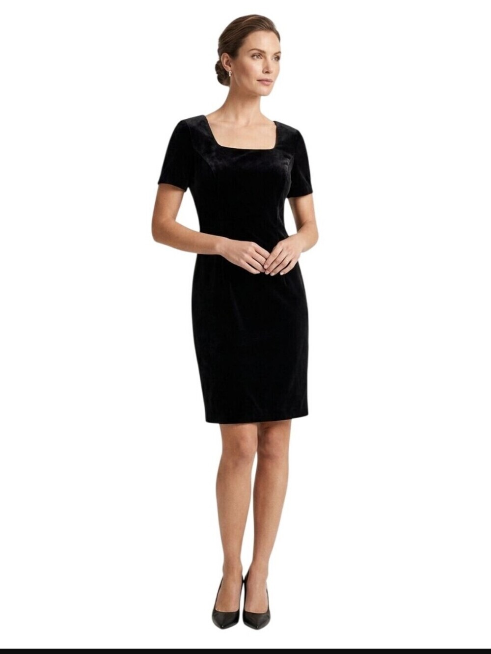 Talbots Vintage Square Neck Short Sleeve Black Velvet Classic Dress Size 8